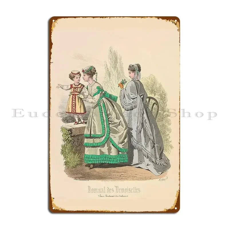 Victorian Ladies And Little Girl Having A Walk From A 1868 Paris Fashion Journal Metal Sign Wall Plaque Decoration Designer