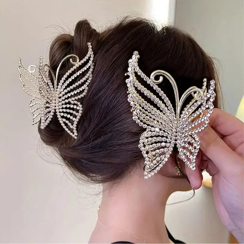 Bling Rhinestone Butterfly Hair Claw Clips for Women Shinning Elegant Pearl Barrette Headwear Wedding  Accessories for Women