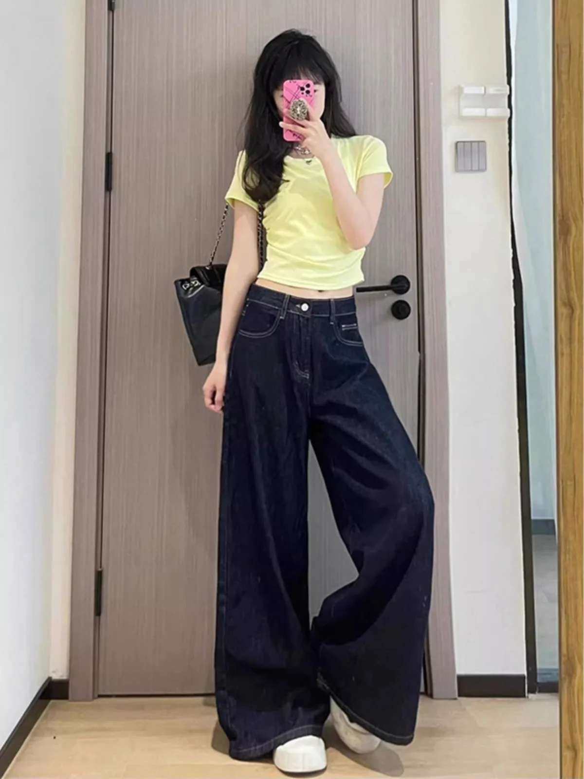 ハイウエストワイドレッグアメリカンレトロルーズジーンズレディース秋スレドレープゆったりルーズ感ストレートレッグパンツ