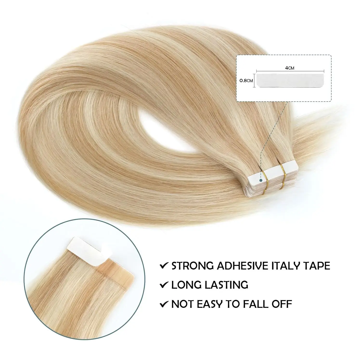 Sophia Straight Tape in Human Hair Extensions, Highlight Blonde, 8/613 Human Hair Extensions, Skin Trame Adhesive Glue for Salon, # 100%