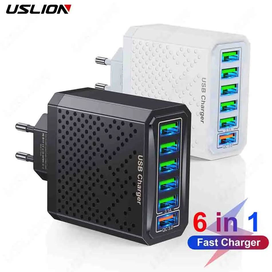 USLION 6 In 1 USB Charger Quick Charge 3.0 EU Korean Plug For Phone Adapter For iPhone 14 11 Portable Wall Mobile Charge