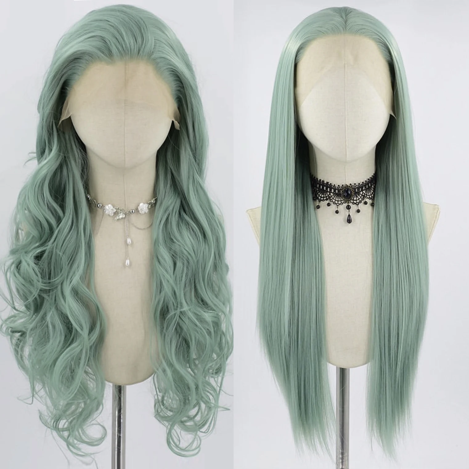 

Mint Green Lace Front Wig for Women Long Silky Straight & Body Wave Synthetic Hair Heat Resistant Natural Hairline Daily Cosplay
