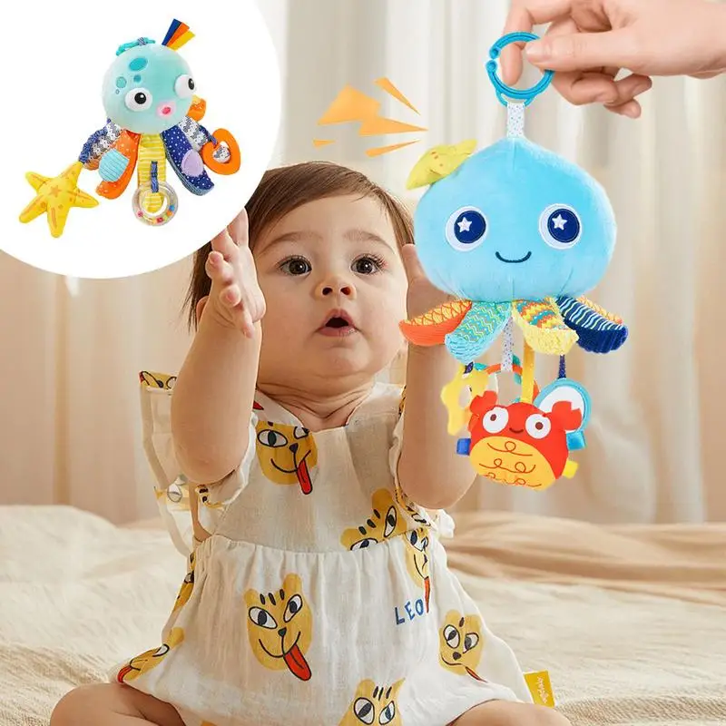 Musical Octopus Stuffed Animals Octopus Toy With Pulling Cords Squeaky Crinkle Rattle Mirror Octopus Stroller Crib Toy Sensory