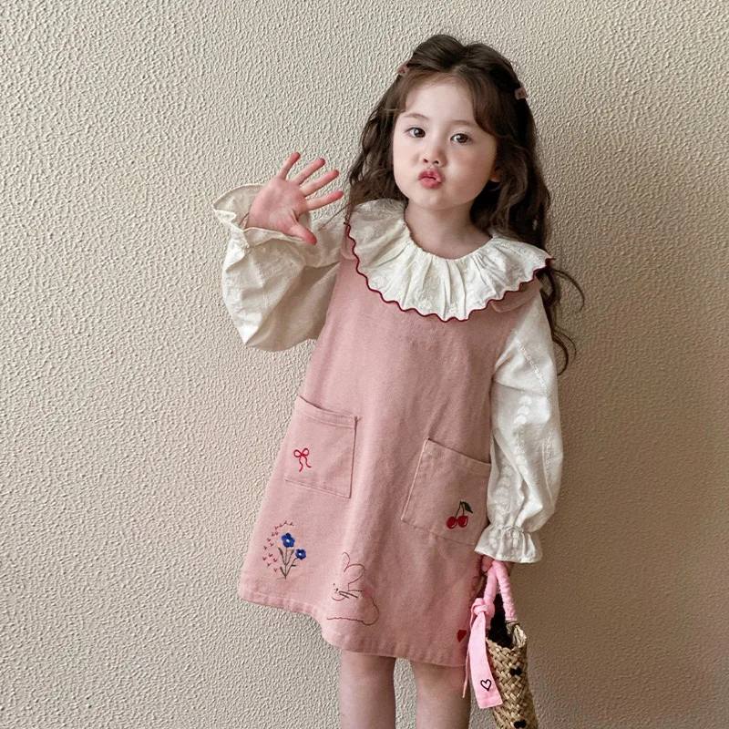 女の子用シャツとジャンプスカートのセット,かわいい人形のシャツ,韓国のファッション,春と秋,新しい2020