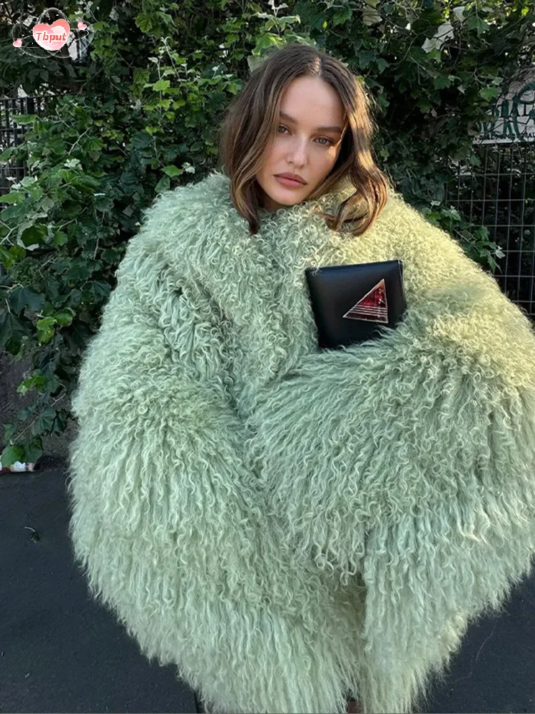 Cappotto di pelliccia di peluche oversize moda verde per le donne elegante morbido caldo maniche lunghe giacche larghe inverno Lady Chic 2024