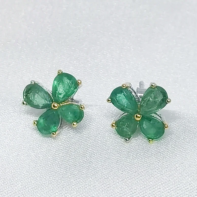 

Natural Colombian Emerald Gemstone Stud Earrings Real 925 Silver Flower Fine Charm Jewelry for Women