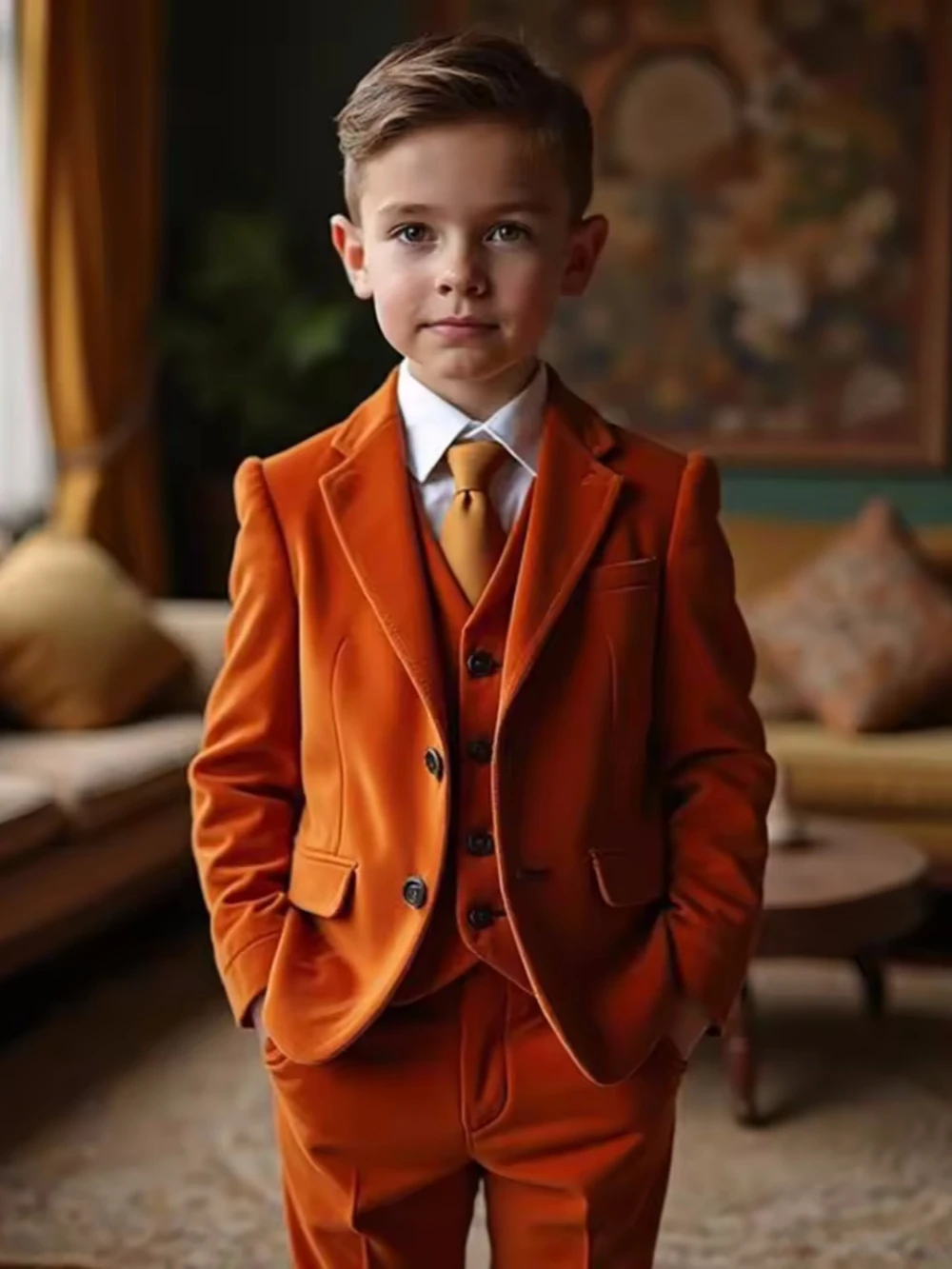 بدلة أولاد مخملية دافئة مريحة مكونة من 3 قطع ملابس أداء البيانو، طقم بدلة أطفال أنيقة وأنيقة مع طية صدر السترة ملابس زفاف #2