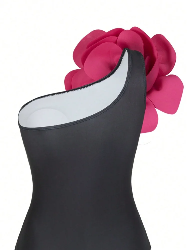 قطعة واحدة ملابس السباحة النسائية 2026 جديد الهيكل العظمي طباعة واحد الكتف الزهور ملابس الصيف Monokini بحر ثوب السباحة للإناث #6