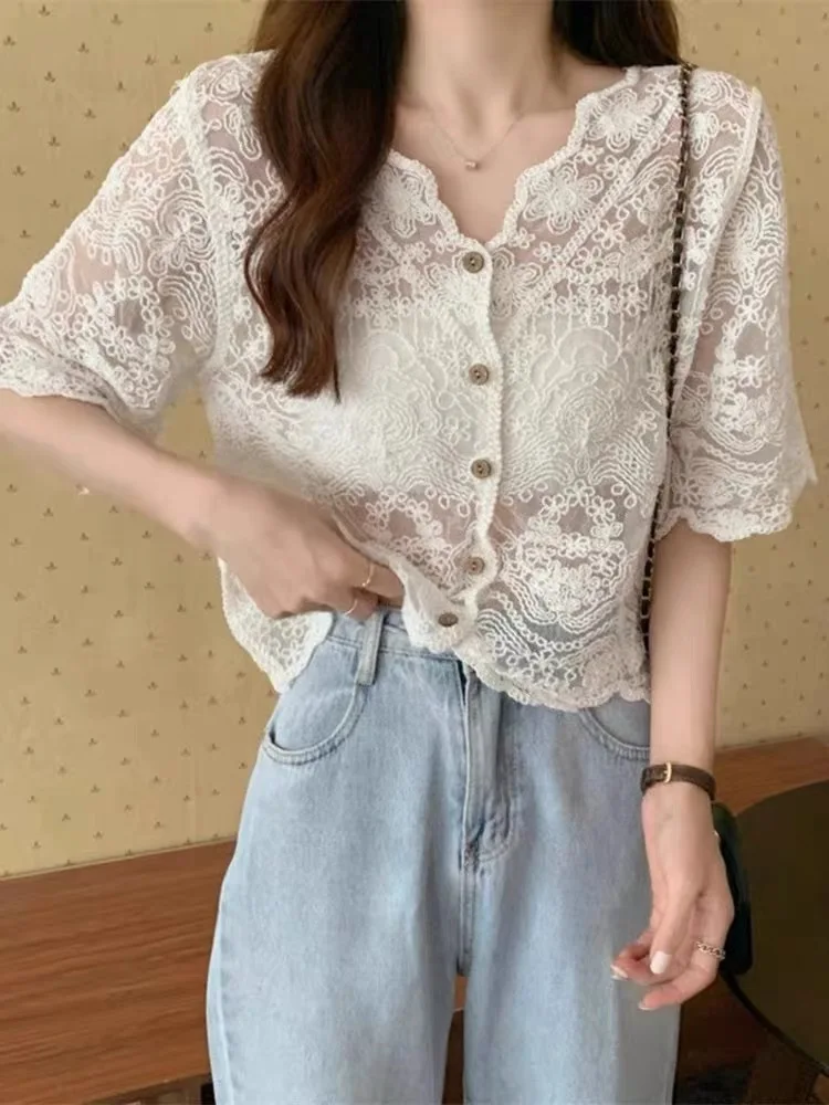 Ele évider dentelle Protection solaire soie Cardigan femmes irt superposition conception oulder poinçon petit Jaet trajet d'été...