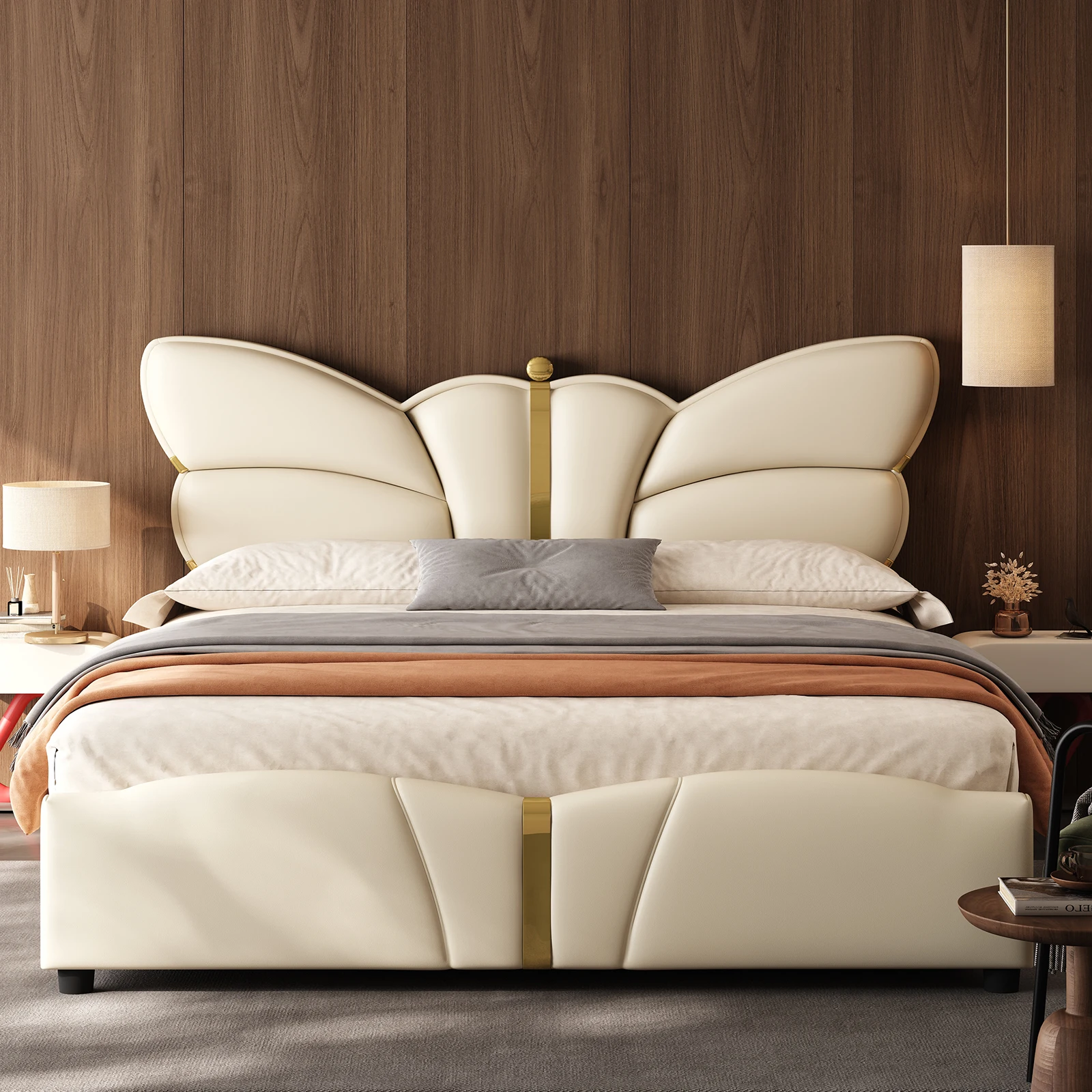 Queen Size Upholstered PU Leather Bed Frame with Butterfly HeadboardandFootbo...