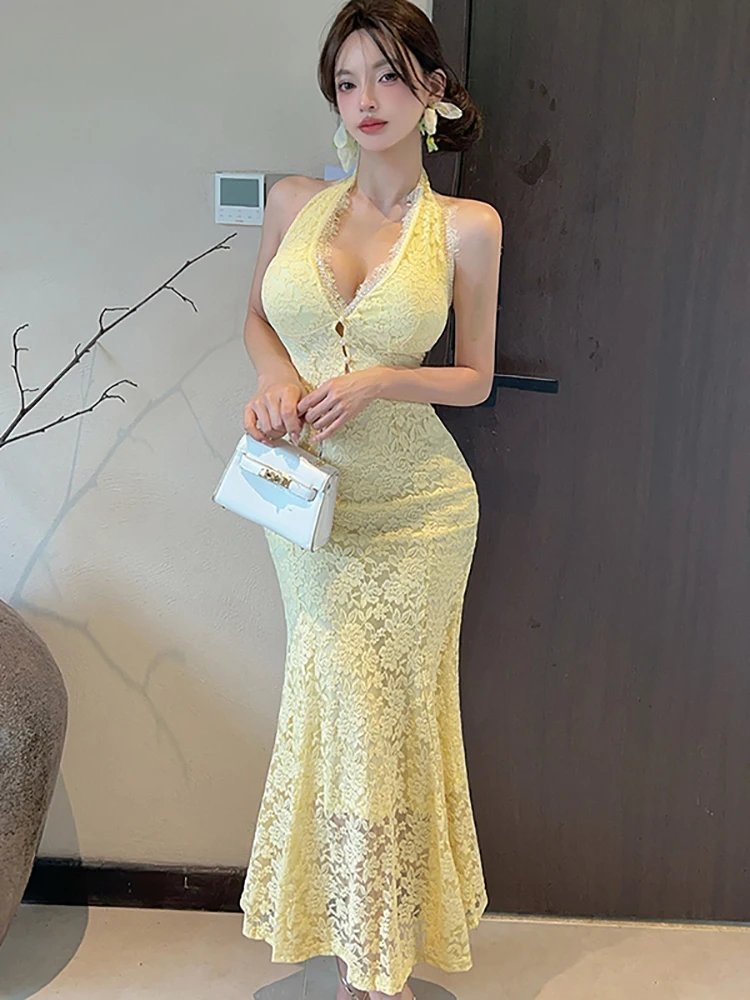 Sommer Schwarz Spitze Jacquard Diamanten Neck-montiert Sexy Lange Kleid Frauen Vintage Luxus Abendkleid 2025, Koreanische Bodycon Vestidos