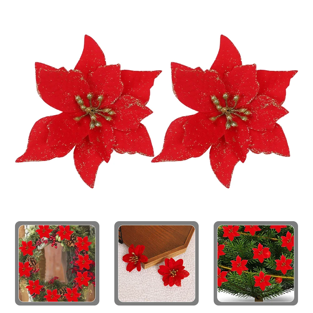 

10 PCS Poinsettia Artificial Flowers Christmas Floral Picks Decoration Red Silk Ornaments