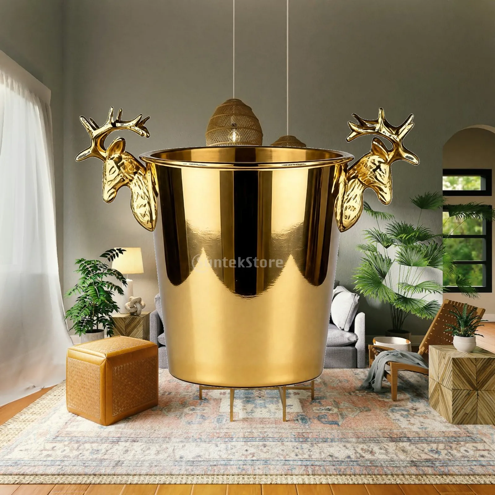 Tapered Stainless Steel Ice Bucket for Chilling Bottled Drinks Gold Tone Deer Handle Bucket for KTV Lounge Use