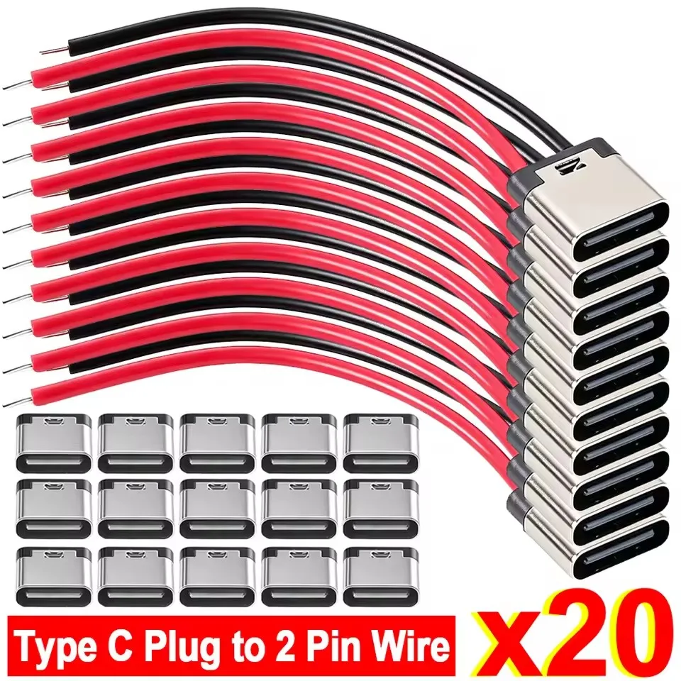 5-20PCS Type-C 2Pin Solder Wire Waterproof USB C Pigtail Cable Extension Power Cord Plug-in Board Quick Charging USB-C Connector