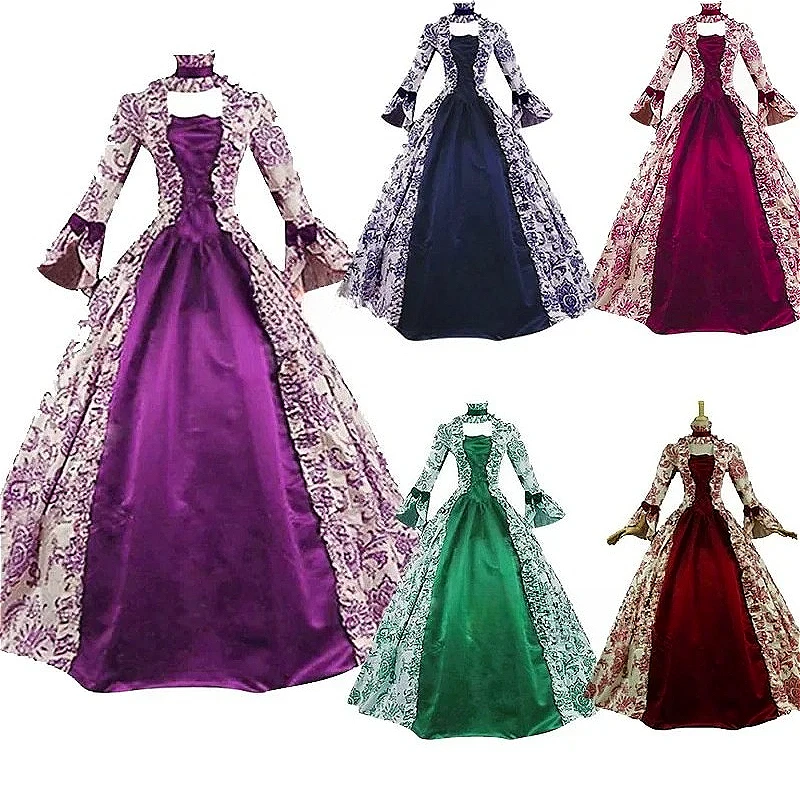 Vestido de Cosplay Medieval para Mujer, Estilo María Antonieta, Vestido de Fiesta Victoriano Morado, Vestido de Corte Renacentista Gótico con Estampado Floral