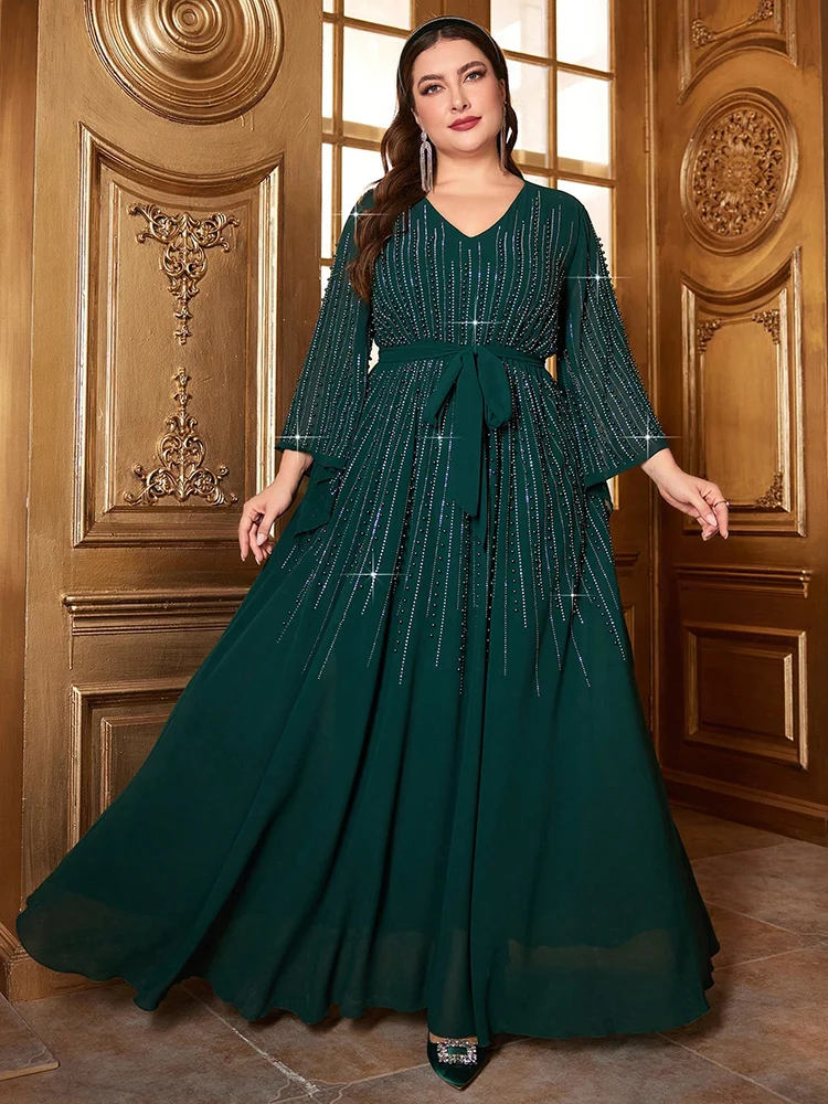 TOLEEN-Women Bead Bell Sleeve Belted Dress, Long Maxi Dresses, Luxury, Elegant, Formal, Arabian Party, Evening, Plus Size, 2024