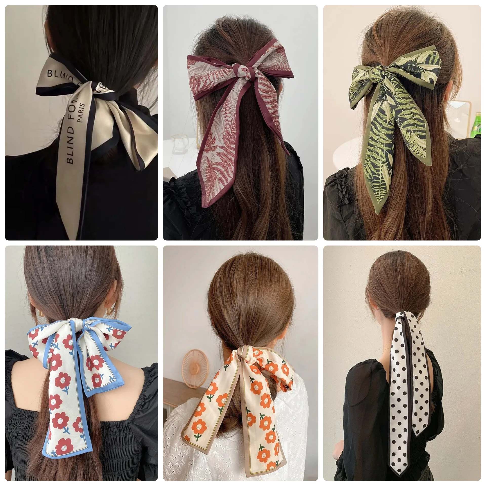 

2023 New Fashion Silk Scarf Hair Band Long Ribbon Bow Korean Printing Letter Hair Scarf Women Ponytail Holder Hair Accessories