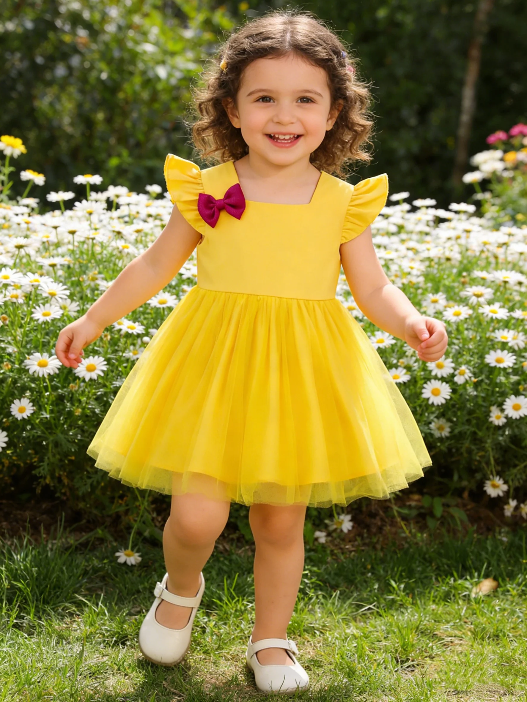 

Летняя желтая юбка-принцесса для девочек с квадратным воротником и бантом-бабочкой, пышная тюлевая юбка для малышек