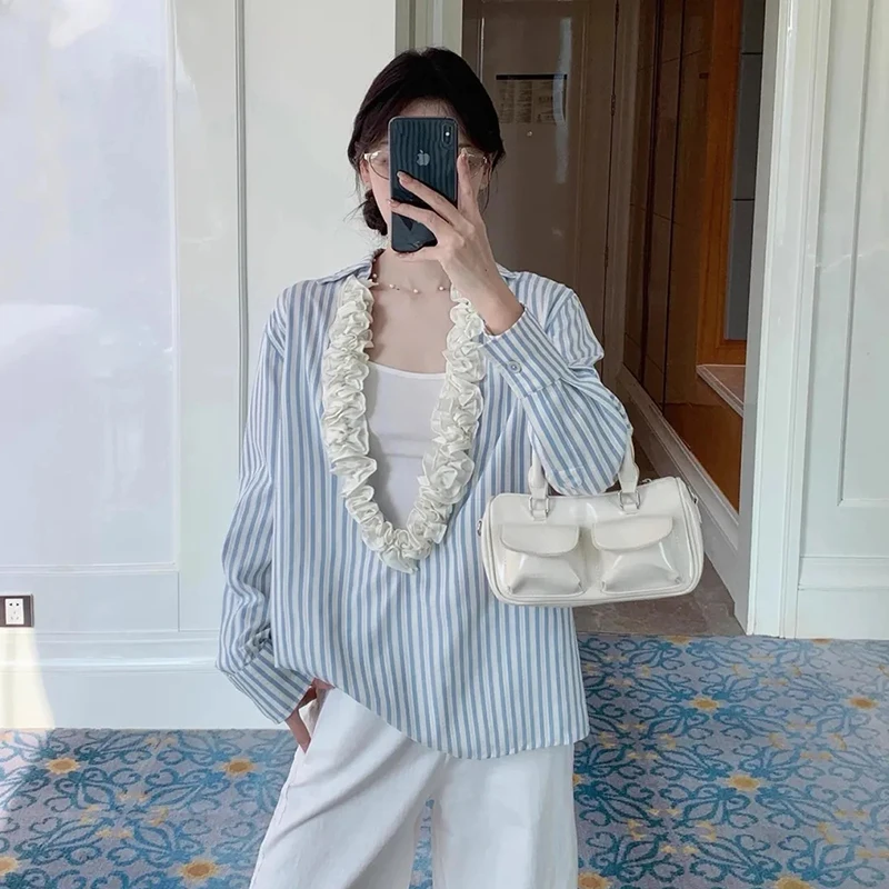 

Chic Striped Women Shirt 3D Floral Half Open Collar Loose Casual Long Sleeve Blouse Korean Simple Fashion Aesthetic Female Tops