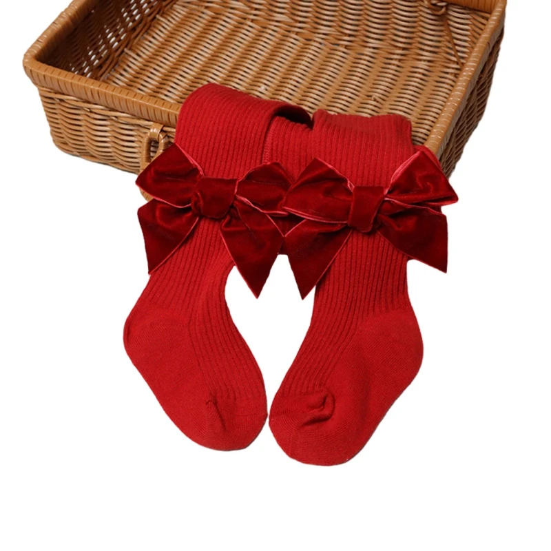 Pantimedias con lazo rojo para niños, medias de algodón para niñas, celebración navideña de Año Nuevo, calcetines alegres para niños, 1 par