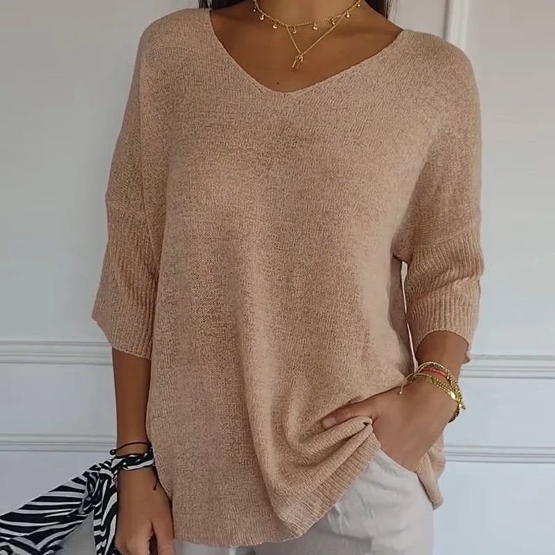 Simple Casual Solid Loose-fitting Sweater Women New Spring V Neck Bottoming T-shirt Autumn Half Sleeve Thin Knitted Top Pullover