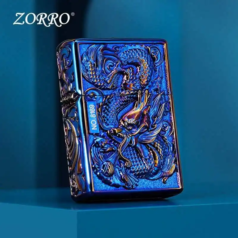 ZORRO Armor Relief Dragon Phoenix Kerosen Windproof Lighter, Metal Men's Old-fashioned Lighters Smoking Gadgets for Men