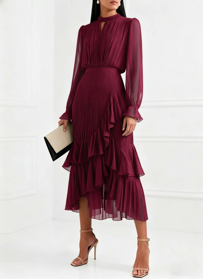 LGRQ 2026 Summer New Solid Color High Waist Dress With Ruffled Hem And Pleats Mid-Length Party Evening Gown