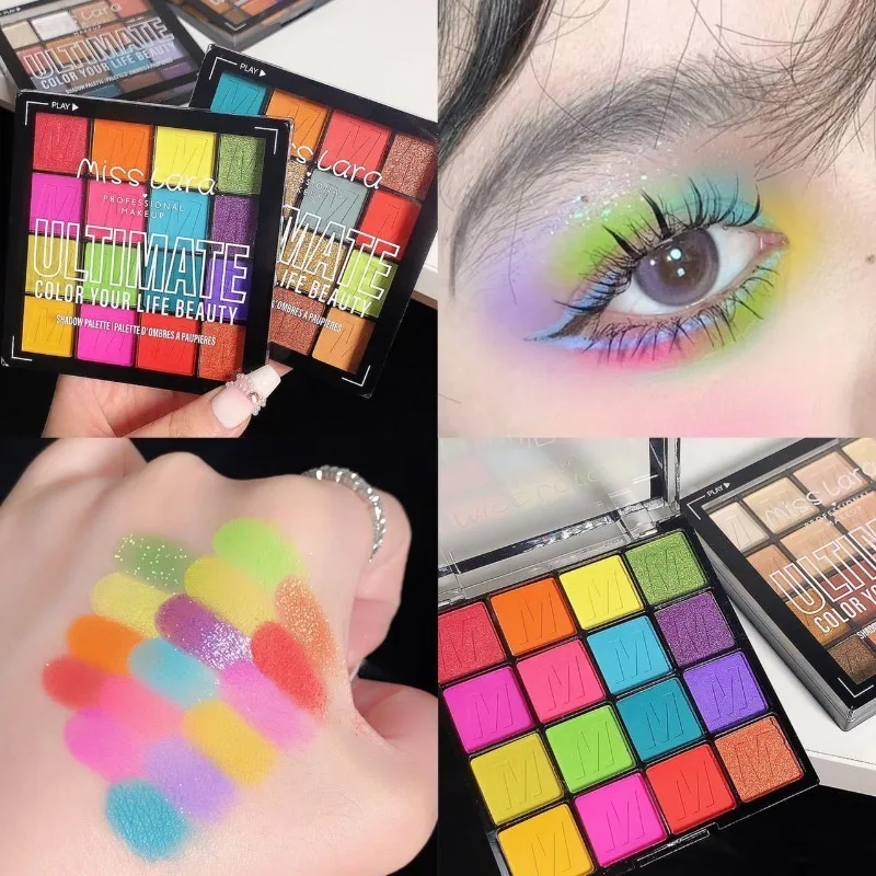 Placa de sombra de ojos de maquillaje de lujo de 16 colores, sombra de ojos nacarada con brillo, paleta definitiva, maquillaje de ojos verde brillante y azul, cosmético