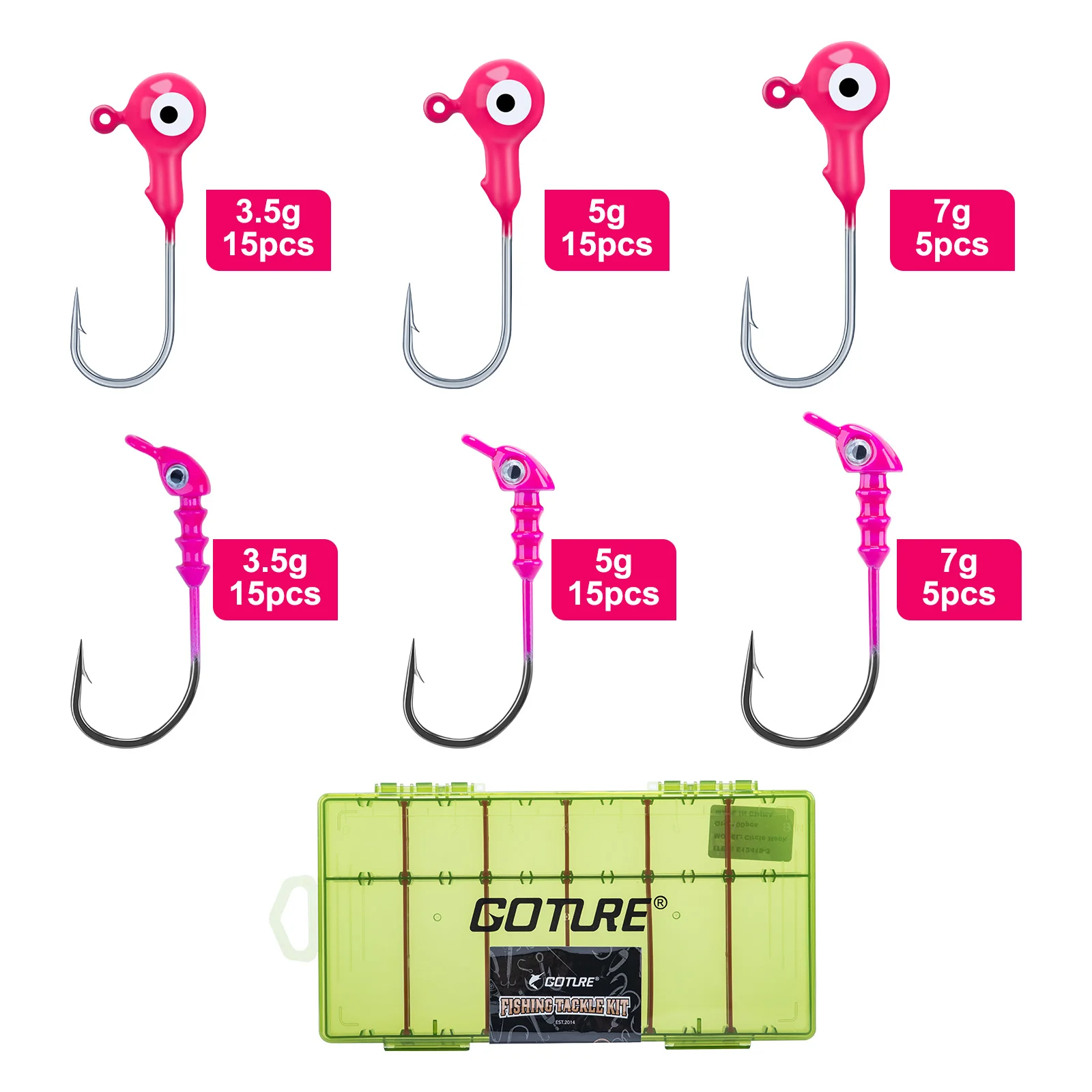 Goture Fishing Tackle Jig Head Kit Pink 3D Eye Design Bait Keeper Sharp Forged Hooks 3.5g 5g 7g for Soft Lure Bass Trout Fishing