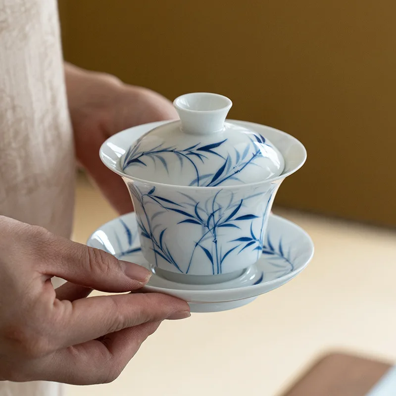 White Porcelain Tea Set Cover Bowl Cover Bowl Sancai Bowl White Porcelain Hand-painted Blue Bamboo Tea Bowl