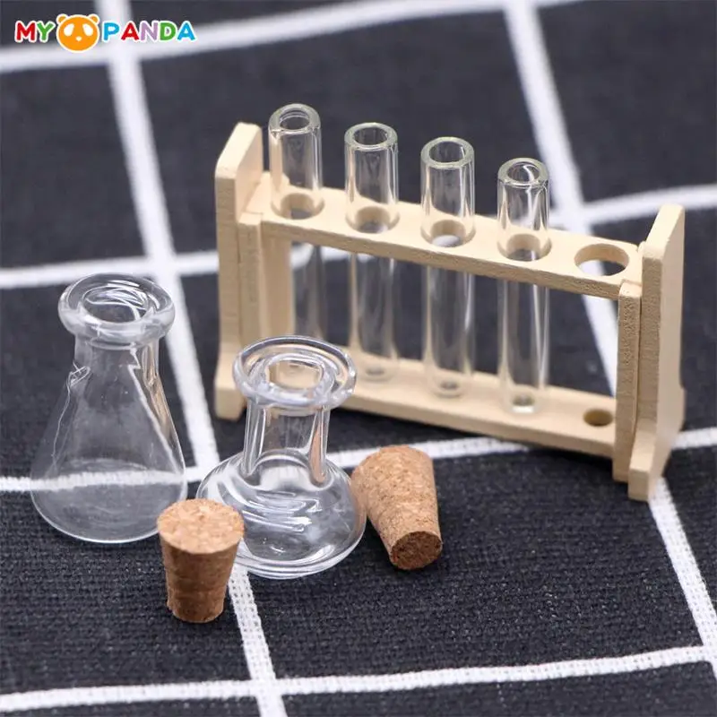 

1Set 1:12 Dollhouse Mini Simulated Glass Test Tube Measuring Cup with Rack Laboratory Model Doll House Laboratory Scene Decor