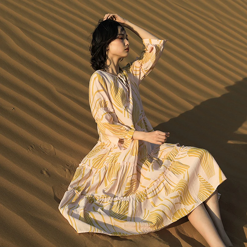 

Праздничное желтое пляжное длинное платье с принтом, женские свободные праздничные платья-трапеции с буффами, длинным рукавом и высокой талией