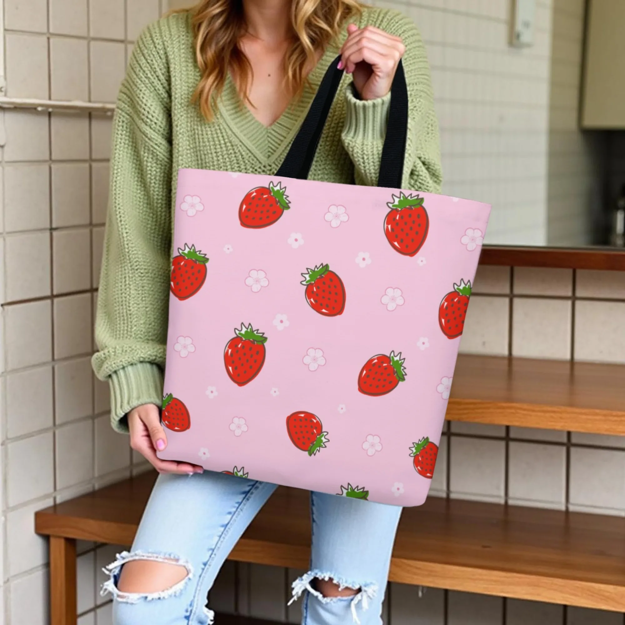 Women's Minimalist Sweet Strawberry-Floral Canvas Tote Bag Pink Fruit-Flower Reusable Shopping for Daily Use Work & Street