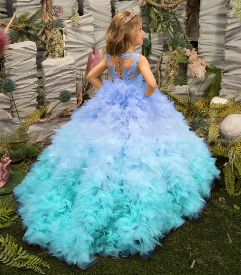 Süße Spitze Hochzeit Blumenmädchenkleider Benutzerdefinierte Farbverlauf Tüll Kleine Mädchen Prinzessin Kleid Ärmellose Kinder Geburtstag Party