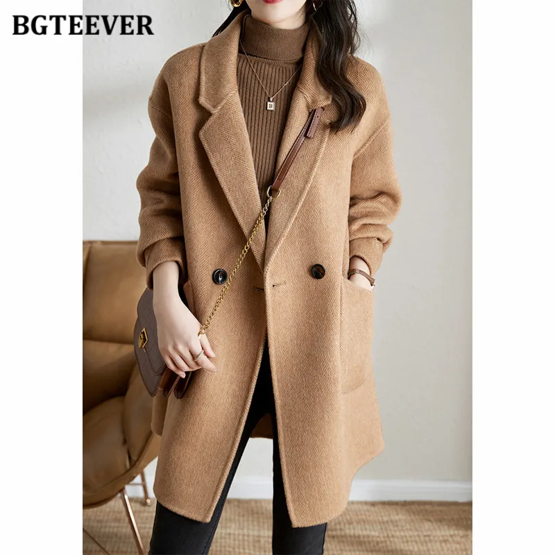 BGTEEVER Stylish Double Breasted Thicken Warm Female Blend Coats Elegant Full Sleeve Pockets Ladies Woolen Jackets