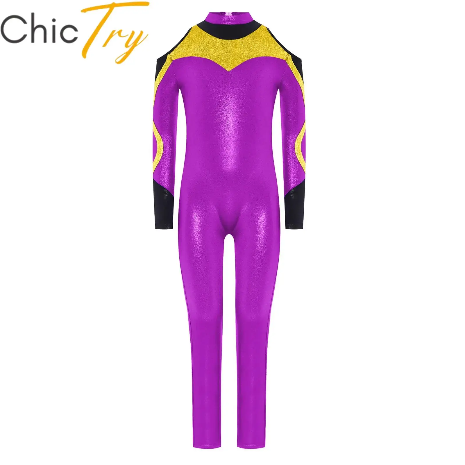

Kids Girls Ballet Gymnastics Jumpsuit Romper Metallic Long Sleeve Keyhole Back Bodysuit for Figure Skating Dance Performance