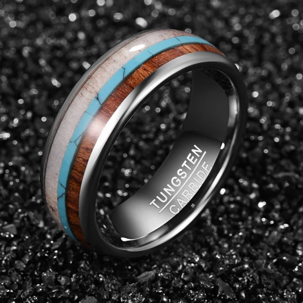 BONLAVIE Deer Antlers Green Stone Tungsten Rings For Men High Polish Dome Wood Tungsten Carbide Ring