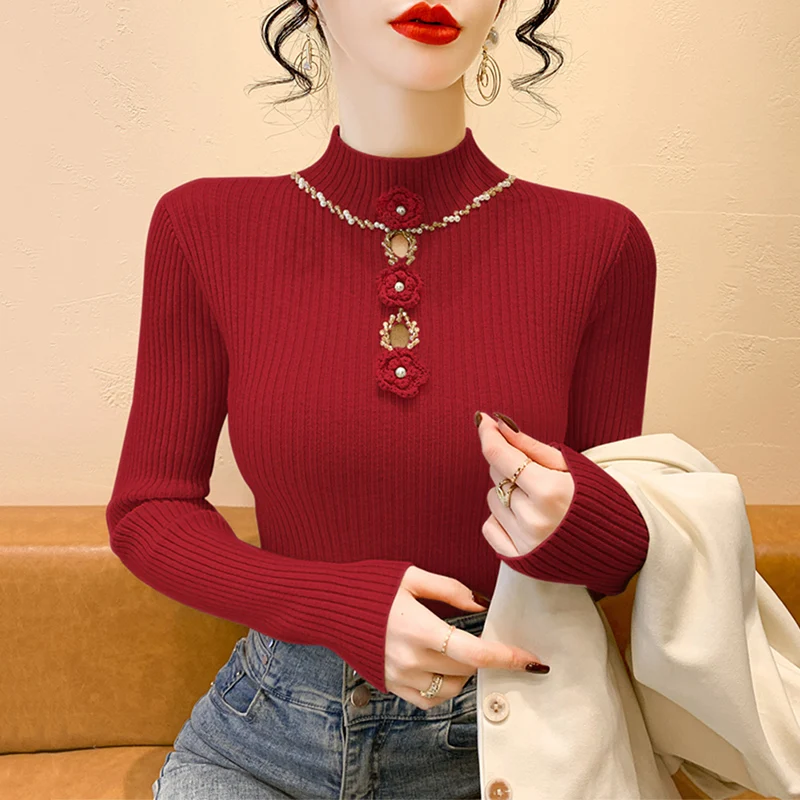 المرأة الجوف خارج طويل Sve محبوك قاعدة irt سليم صالح الخريف الشتاء Faion الفرنسية Sle الزخرفية لصق سترة أعلى