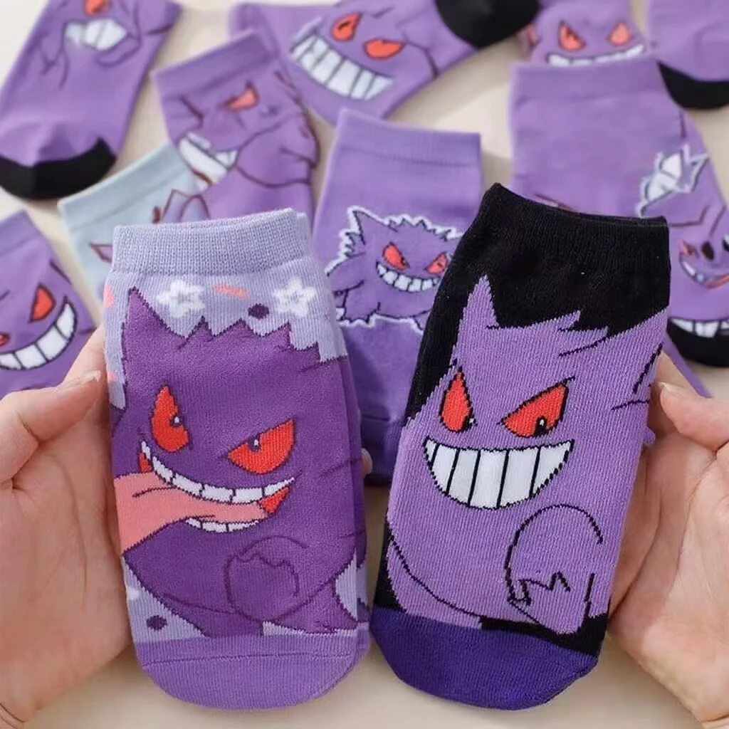 

5 Pairs Of Four Seasons Women's Fashion Cartoon Anime Pok é Mon Trendy Cool Geng Gui Versatile Soft and Comfortable Casual Socks