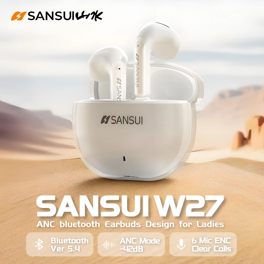 Sansui W27 ANC Bluetooth TWS Earbuds -42dB Noise Cancelling Bluetooth 5.4 Headphones 6 Mic HD Call Wireless Earphones for ladies