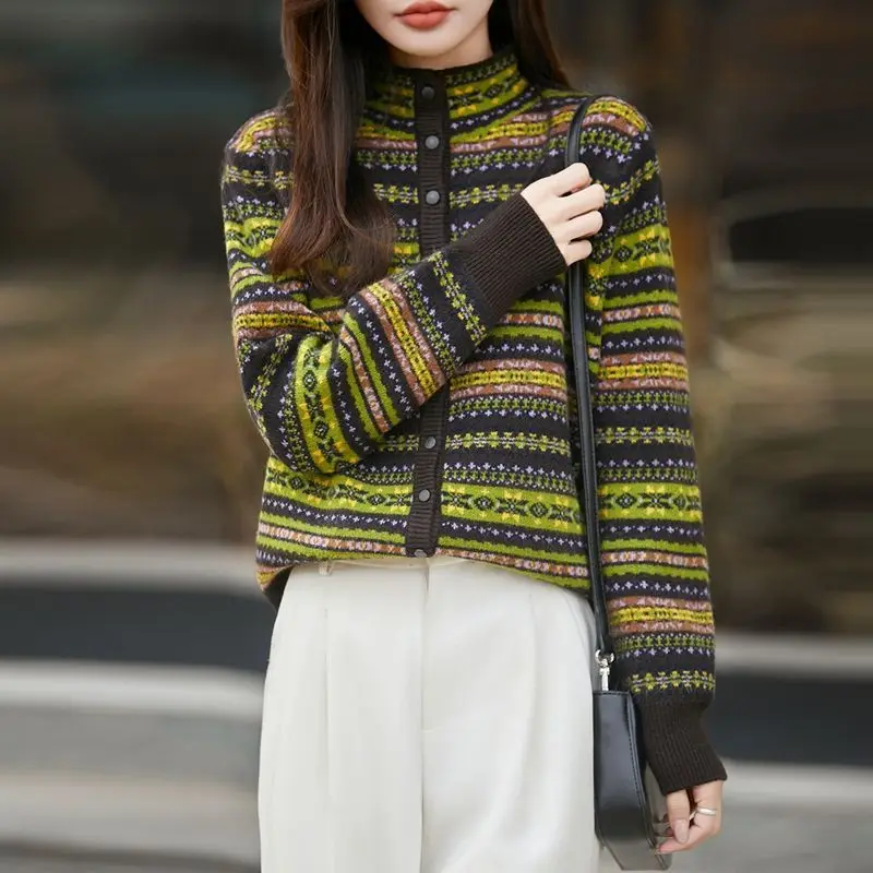 Sheep wool semi-turtleneck retro jacquard autumn and winter loose sweater long sleeve knitted cardigan women 5