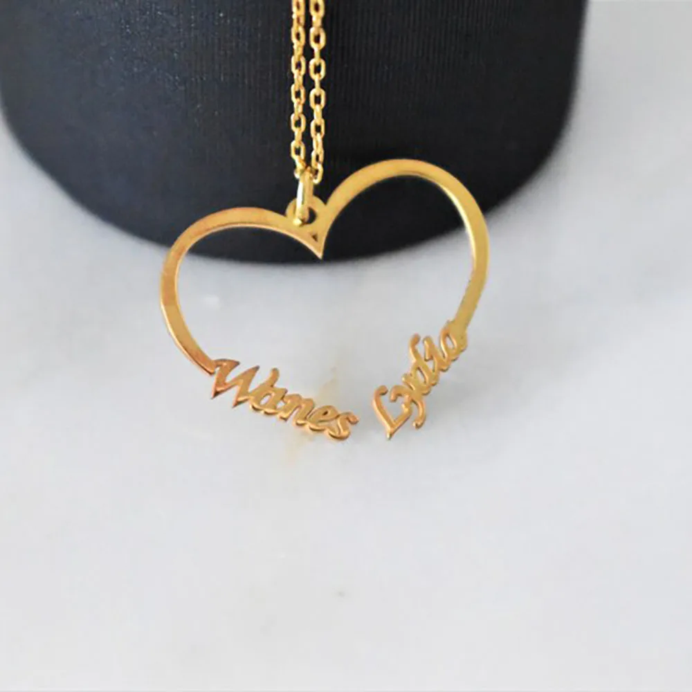 مخصص اثنين اسم القلب قلادة شخصية داينتي المزدوج اسم زوجين مجوهرات الفولاذ المقاوم للصدأ قلادة هدية عيد ميلاد للفتيات