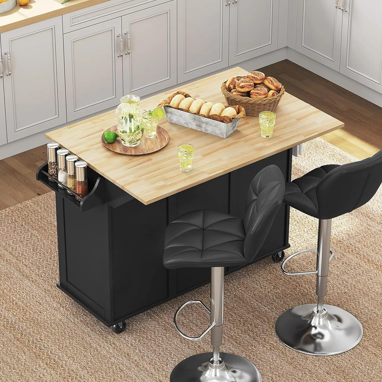 Kitchen Island Cart with Drop-Leaf Countertop, Rolling Kitchen Island Breakfast Bar Table on Wheels with Storage Cabinet