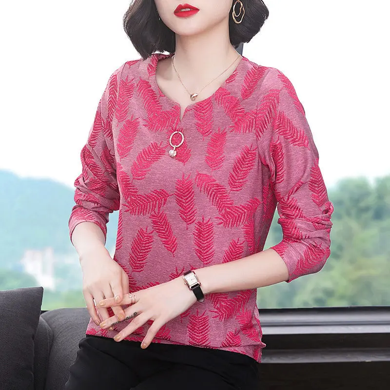 Round Neck Rivet Beaded Geometric Embroidered Women's Clothing Long Sleeve T-shirt Pullover Office Lady Casual Classic Tops