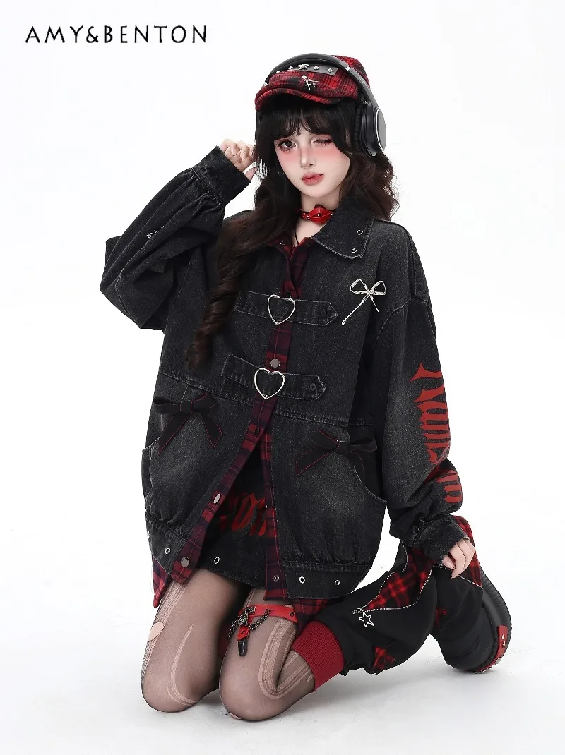 

Оригинальная милая крутая лоскутная искусственная двухсекционная свободная джинсовая куртка с бантом, осенне-зимняя куртка в стиле Харадзюку для женщин