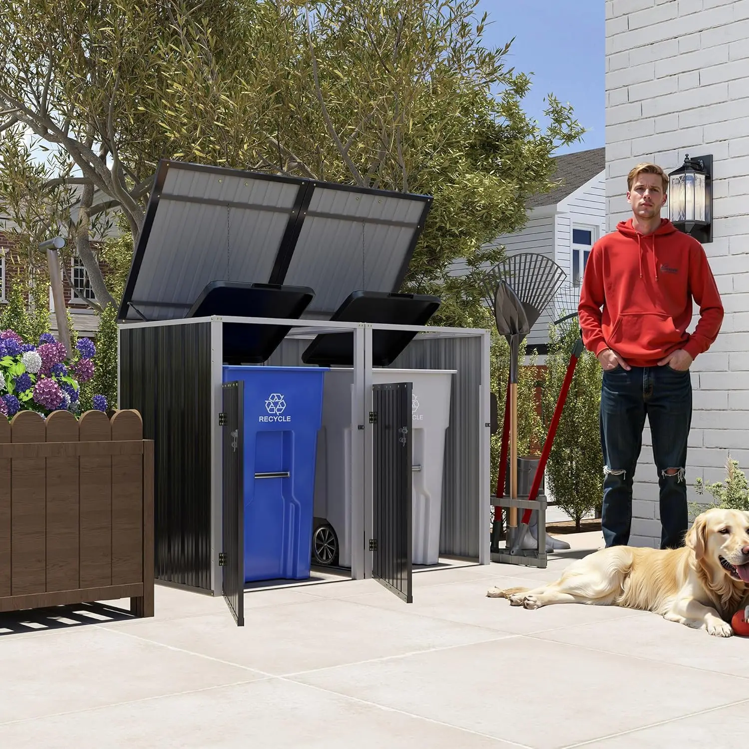 

54 Cu. Ft Outdoor Trash Can Shed, Metal Garbage Bin Storage with Pneumatic Support Rod, Dual Chain