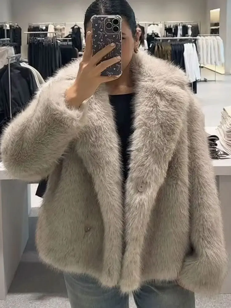 HH Female Elegant Solid 3-Color Faux Fur Effect Long Sleeve Cardigan Coat Winter Women's High Street Pockets Coat Mujer