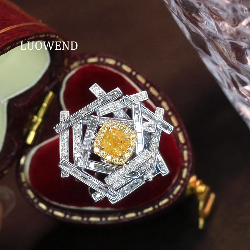 LUOWEND 100% 18K White Gold Rings Luxury Elegant Design Real Natural Yellow Diamond Cocktail Ring for Women High Party Jewelry
