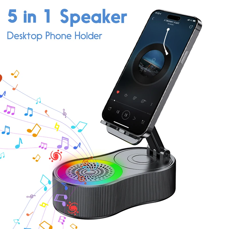 

RGB-подсветка 5 В 1 360 ° Поворотный держатель для телефона и Bluetooth-динамик для iPhone 17 16, Samsung Xiaomi HIFI, плеер объемного звука