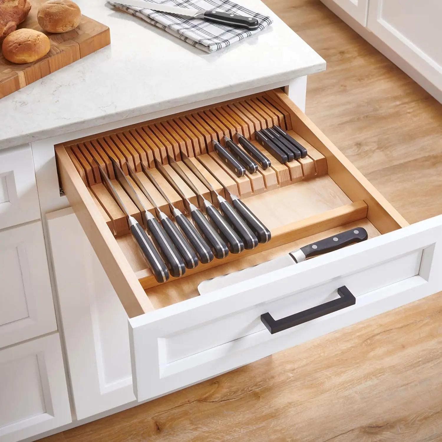 Dual Row Trim To Fit Knife Block Drawer Organizer With Storage Holder For Kitchen Utensils, 55 Slot Cutlery Tray, Wood, 4Wdkb-1